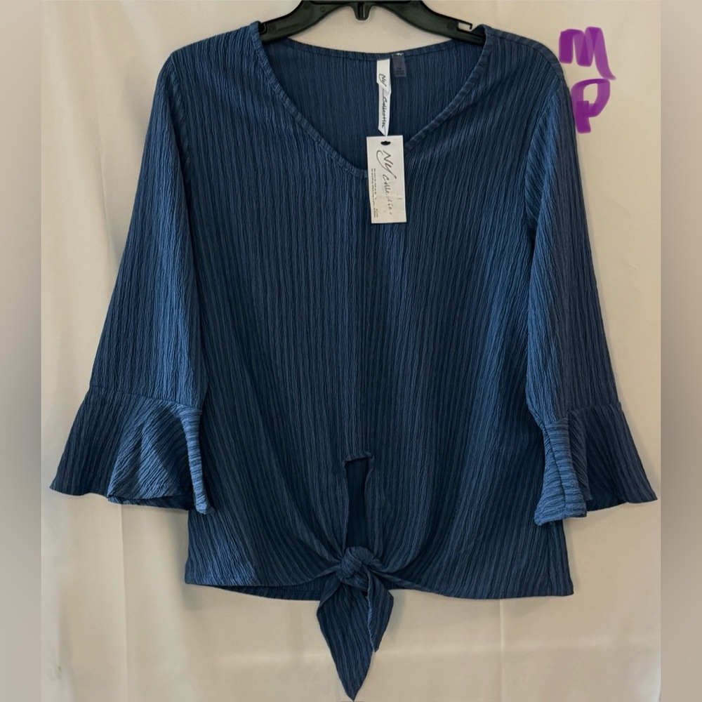 NY Collection Navy Tie-Front Blouse